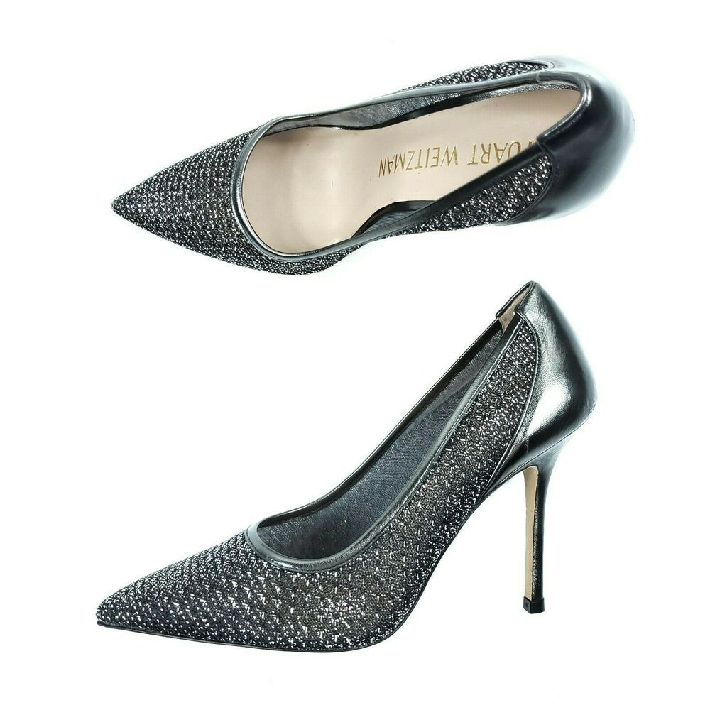 Stuart Weitzman Womens The Tasha 100 Pumps 9 Black Silver Sparkle Mesh Heels